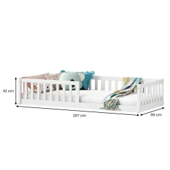 Lit enfant GUSTAVO type Montessori, couchage 90x200 cm, en pin massif lasuré blanc><noscript><img width=