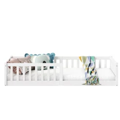 Lit enfant GUSTAVO type Montessori, couchage 90x190 cm, en pin massif lasuré blanc><noscript><img width=