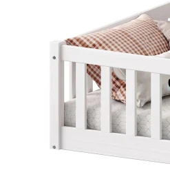 Lit enfant GUSTAVO type Montessori, couchage 90x190 cm, en pin massif lasuré blanc><noscript><img width=