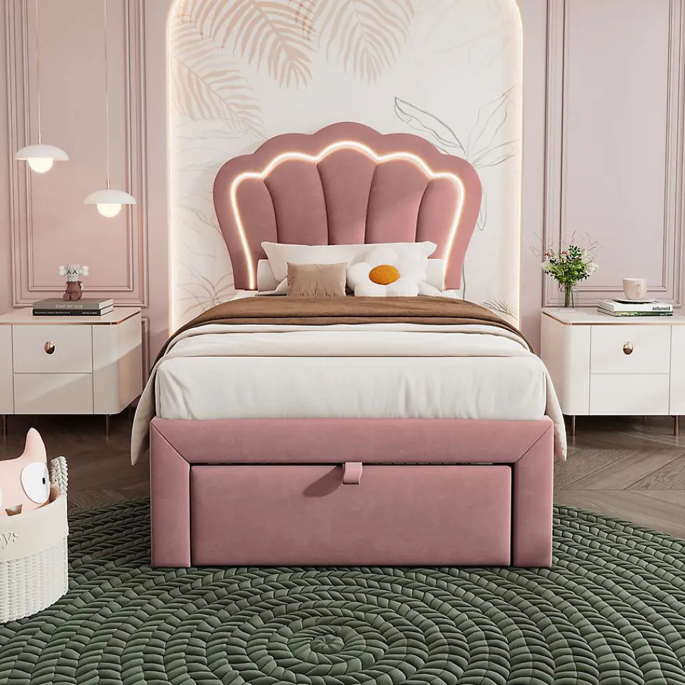 Blackcolors Lit enfant LED 90X200cm Tiroirs Contrôle par application mobile Rose*Enfant Lit Enfant
