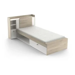 Demeyere Lit enfant LIFE 1 personne - 90X190/200 - Rangements - Décor Chene et blanc - - Fabriqué en France*Enfant Lit Enfant