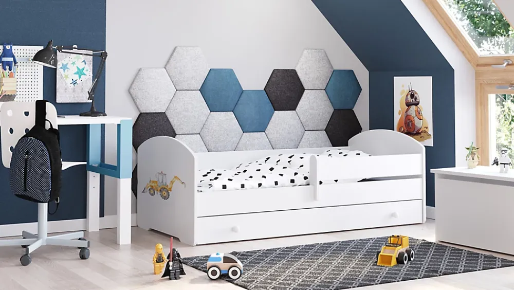 Htmeubles Lit enfant LOU avec tiroir balustrade et matelas inclus - Pelleteuse - 160 cm x 80 cm* Ensemble Sommier Et Matelas