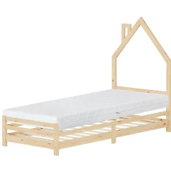 Lit enfant 90x200cm avec matelas H16cm naturel en bois forme de maison et sommier à lattes>Ml-Design Discount