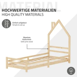 Lit enfant 90x200cm avec matelas H16cm naturel en bois forme de maison et sommier à lattes><noscript><img width=