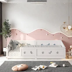 Lit enfant Montessori 90x200 cm en pin massif, barrières étoiles et lune, peinture à l eau sûre, design sécurisé, Blanc>ProximaX Outlet