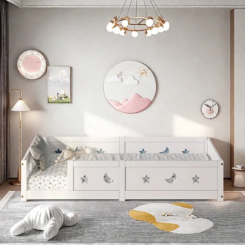 Lit enfant Montessori 90x200 cm en pin massif, barrières étoiles et lune, peinture à l eau sûre, design sécurisé, Blanc>ProximaX Outlet
