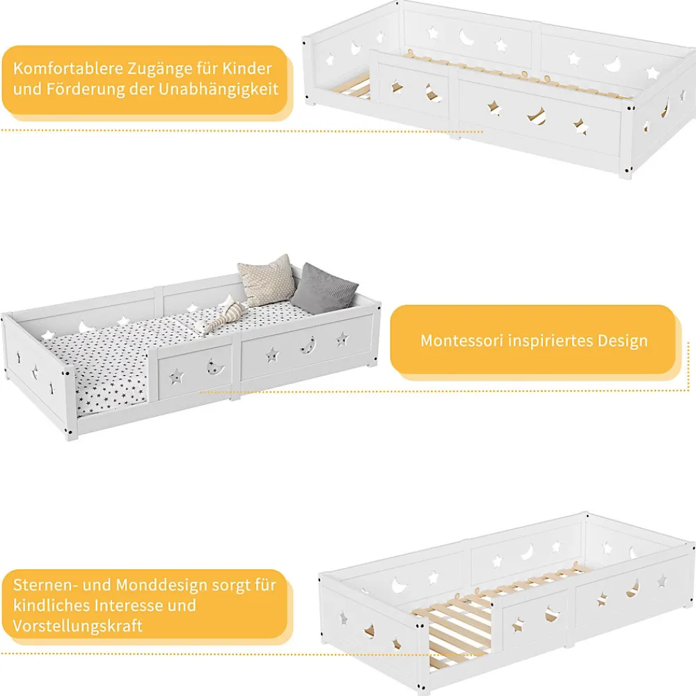 Lit enfant Montessori 90x200 cm en pin massif, barrières étoiles et lune, peinture à l eau sûre, design sécurisé, Blanc>ProximaX Outlet