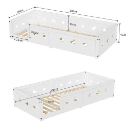 Lit enfant Montessori 90x200 cm en pin massif, barrières étoiles et lune, peinture à l eau sûre, design sécurisé, Blanc><noscript><img width=