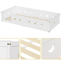 Lit enfant Montessori 90x200 cm en pin massif, barrières étoiles et lune, peinture à l eau sûre, design sécurisé, Blanc><noscript><img width=