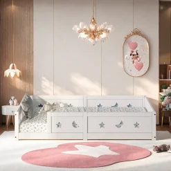 Lit enfant Montessori 90x200 cm en pin massif, barrières étoiles et lune, peinture à l eau sûre, design sécurisé, Blanc><noscript><img width=
