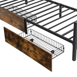 Lit enfant métal et MDF 90x200cm noir et noyer, style vintage, avec 2 tiroirs sur roulettes><noscript><img width=