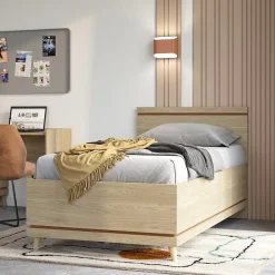 Meublorama Lit enfant NOKI 100x200 cm chene clair et moka Style scandinave sans sommier*Enfant Lit Enfant
