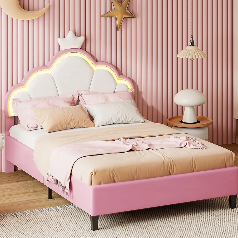 Fortuna lai Lit Enfant Rembourré 90 X 200 Cm, LED, Tête De Lit Et Sommier à Lattes Réglables En Hauteur, Rose*Enfant Lit Enfant