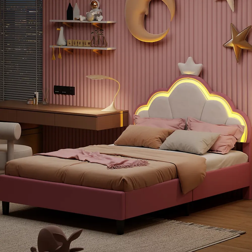 Fortuna lai Lit Enfant Rembourré 90 X 200 Cm, LED, Tête De Lit Et Sommier à Lattes Réglables En Hauteur, Rose*Enfant Lit Enfant