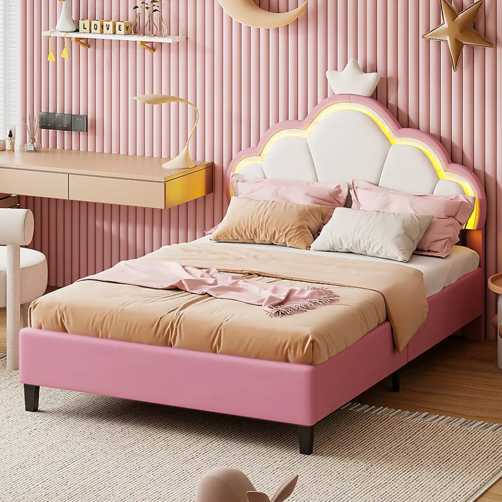 Fortuna lai Lit Enfant Rembourré 90 X 200 Cm, LED, Tête De Lit Et Sommier à Lattes Réglables En Hauteur, Rose*Enfant Lit Enfant