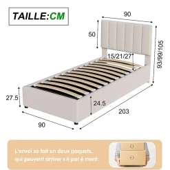 ProximaX Lit enfant rembourré 90x200 cm, lit coffre hydraulique, lit haut coffre en lin doux pour la peau, beige* Lit Coffre