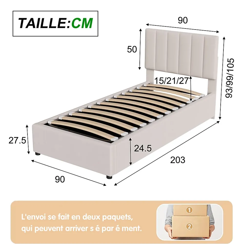 ProximaX Lit enfant rembourré 90x200 cm, lit coffre hydraulique, lit haut coffre en lin doux pour la peau, beige* Lit Coffre