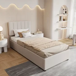 ProximaX Lit enfant rembourré 90x200 cm, lit coffre hydraulique, lit haut coffre en lin doux pour la peau, beige* Lit Coffre