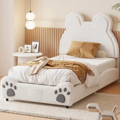 Fortuna lai Lit Enfant Rembourré 90x200 Cm, Avec Tête De Lit En Forme D'ours En Velours Doux Pour La Peau, Blanc*Enfant Lit Enfant
