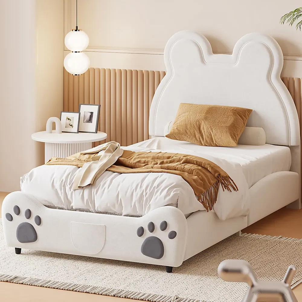 Fortuna lai Lit Enfant Rembourré 90x200 Cm, Avec Tête De Lit En Forme D'ours En Velours Doux Pour La Peau, Blanc*Enfant Lit Enfant
