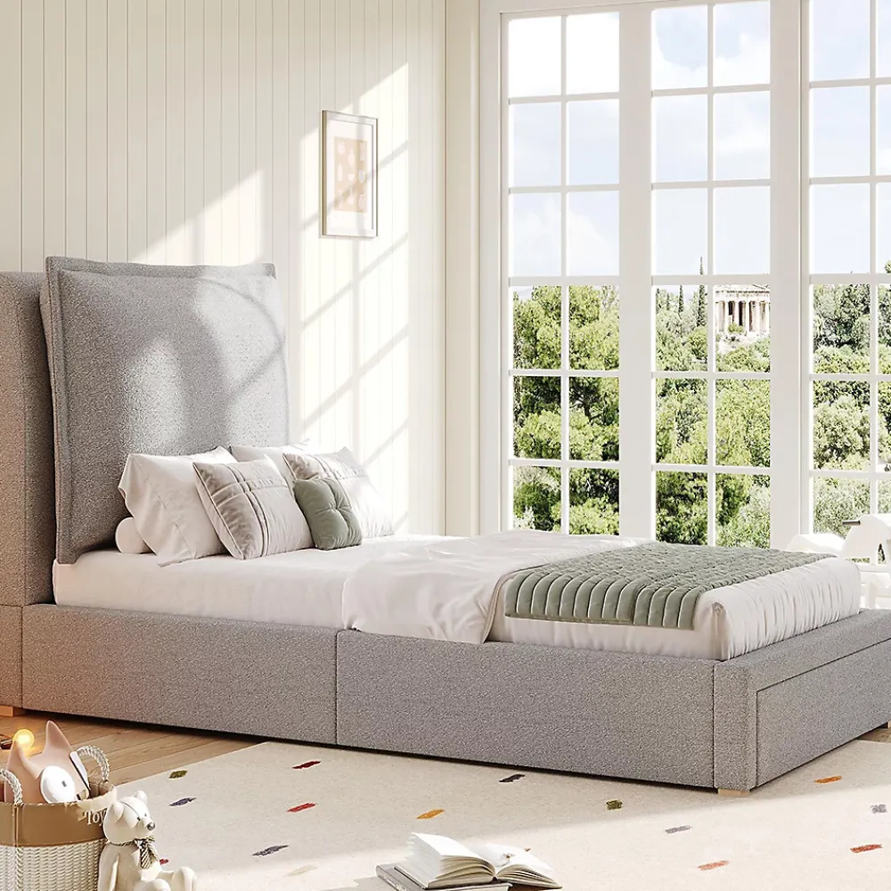 Blackcolors Lit enfant rembourré 90x200 cm, lattes, tête chenille, rangement - gris* Lit Coffre