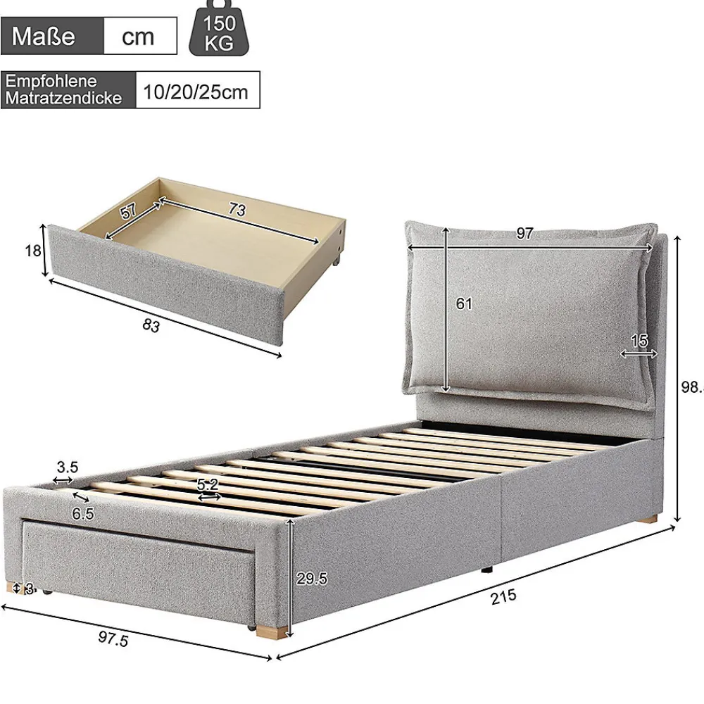 Blackcolors Lit enfant rembourré 90x200 cm, lattes, tête chenille, rangement - gris* Lit Coffre