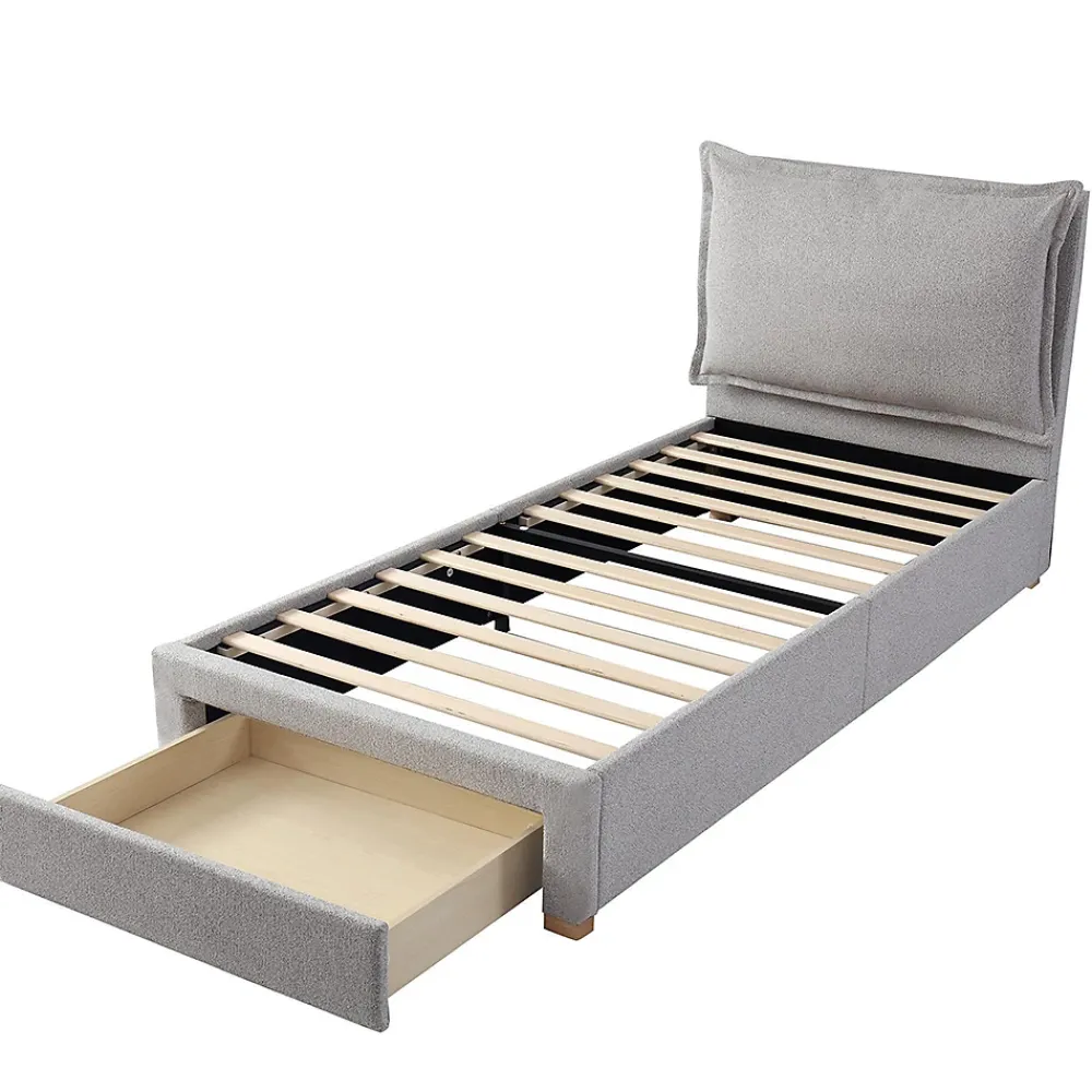 Blackcolors Lit enfant rembourré 90x200 cm, lattes, tête chenille, rangement - gris* Lit Coffre