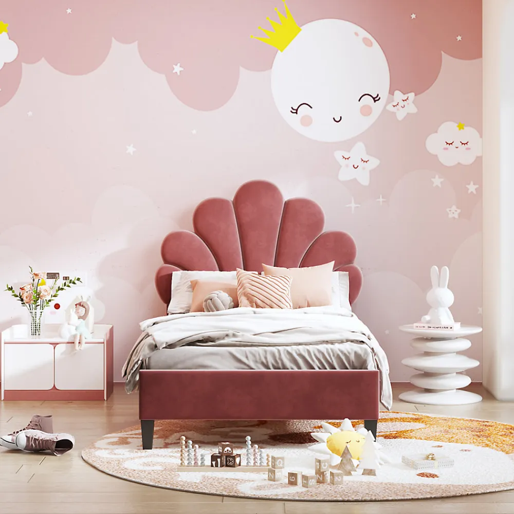 Lit Enfant Rembourré 90x200 Cm Avec Tête De Lit Fleurie Et Sommier à Lattes, Velours, Rouge>Fortuna lai Outlet