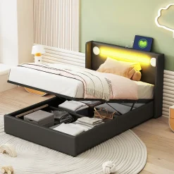 Lit Enfant Rembourré 90x200cm Avec Bande Lumineuse LED Et Chargement USB, Sommier à Lattes, Noir>Fortuna lai Best