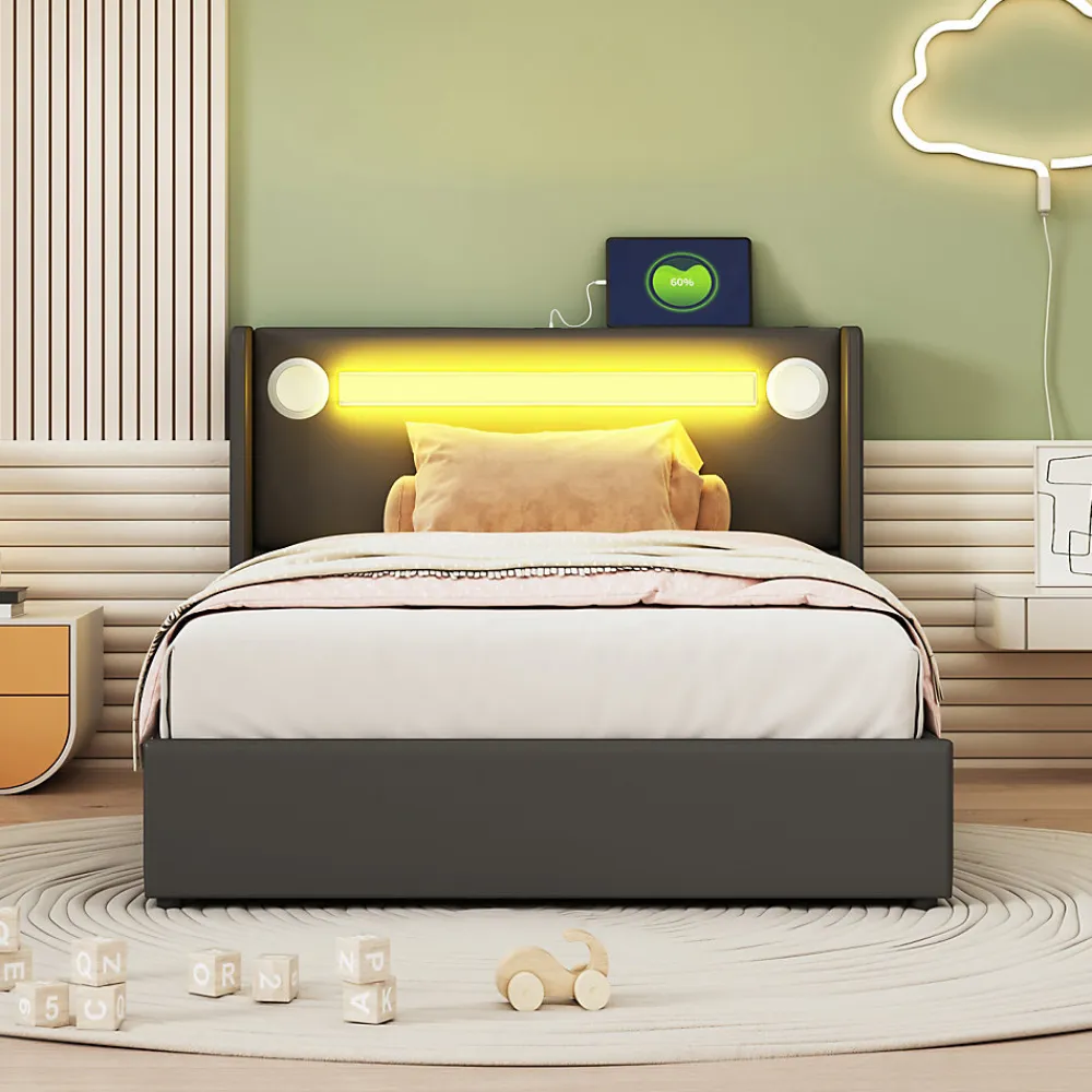 Lit Enfant Rembourré 90x200cm Avec Bande Lumineuse LED Et Chargement USB, Sommier à Lattes, Noir>Fortuna lai Best