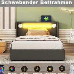 Lit Enfant Rembourré 90x200cm Avec Bande Lumineuse LED Et Chargement USB, Sommier à Lattes, Noir><noscript><img width=
