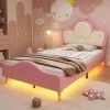 Lit enfant rembourré 90x200cm rose et blanc, LED intégrée, tête de lit avec couronne et vagues décoratives>Simple Life Clearance