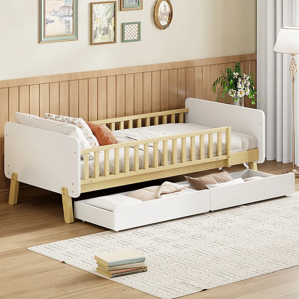 Lit enfant Simple 90x190 cm Bois Blanc avec 2 Tiroirs et Sommier À Lattes, Multifonction pour Chambre Fille Ou Garçon, Blanc>Okwish Hot