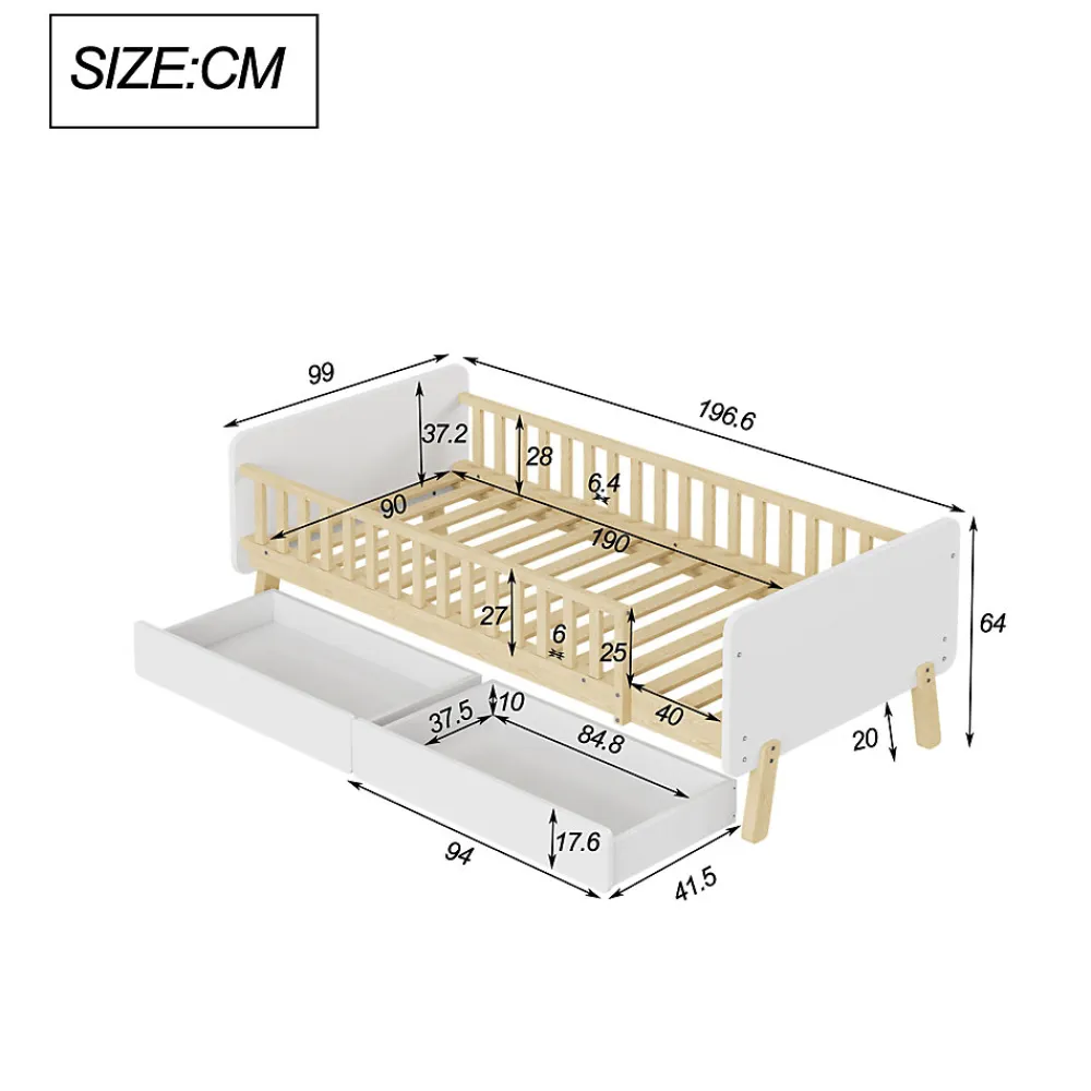 Lit enfant Simple 90x190 cm Bois Blanc avec 2 Tiroirs et Sommier À Lattes, Multifonction pour Chambre Fille Ou Garçon, Blanc>Okwish Hot