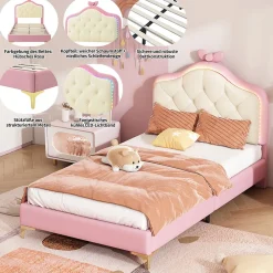 Lit enfant simple 90x200 cm rembourré avec bande LED colorée, tête ondulée et nœud décoratif, similicuir rose sans matelas>Okwish Hot