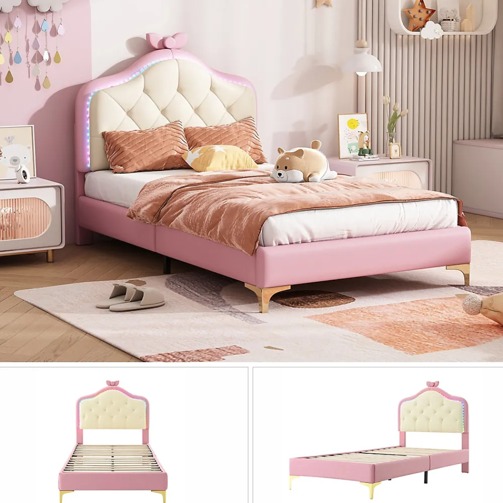 Lit enfant simple 90x200 cm rembourré avec bande LED colorée, tête ondulée et nœud décoratif, similicuir rose sans matelas>Okwish Hot