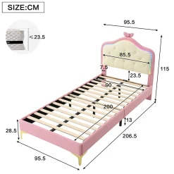 Lit enfant simple 90x200 cm rembourré avec bande LED colorée, tête ondulée et nœud décoratif, similicuir rose sans matelas><noscript><img width=