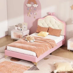 Lit enfant simple 90x200 cm rembourré avec bande LED colorée, tête ondulée et nœud décoratif, similicuir rose sans matelas><noscript><img width=