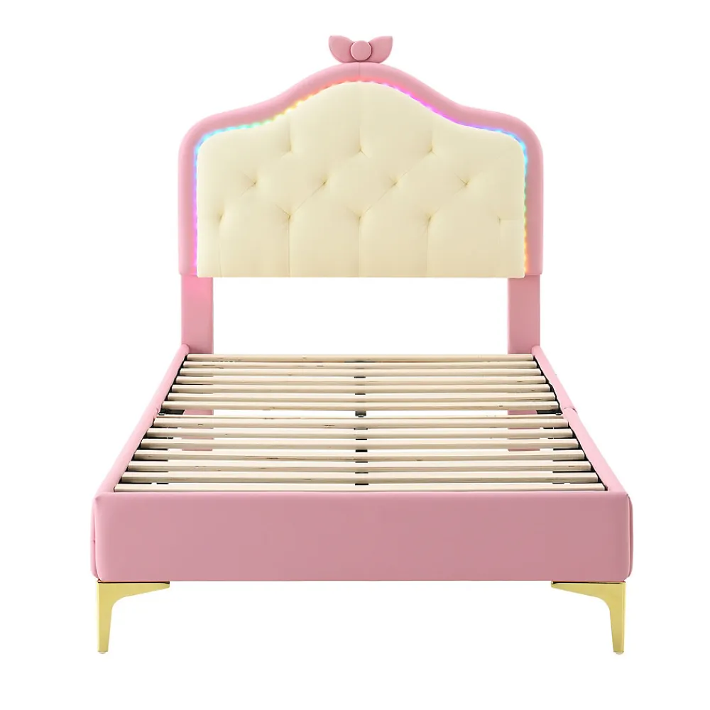 Lit enfant simple 90x200 cm rembourré avec bande LED colorée, tête ondulée et nœud décoratif, similicuir rose sans matelas>Okwish Hot