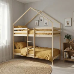 Sweeek Lit enfant superposé cabane 90 x 190 cm pin naturel sommier à lattes inclus - Roya* Lit Simple