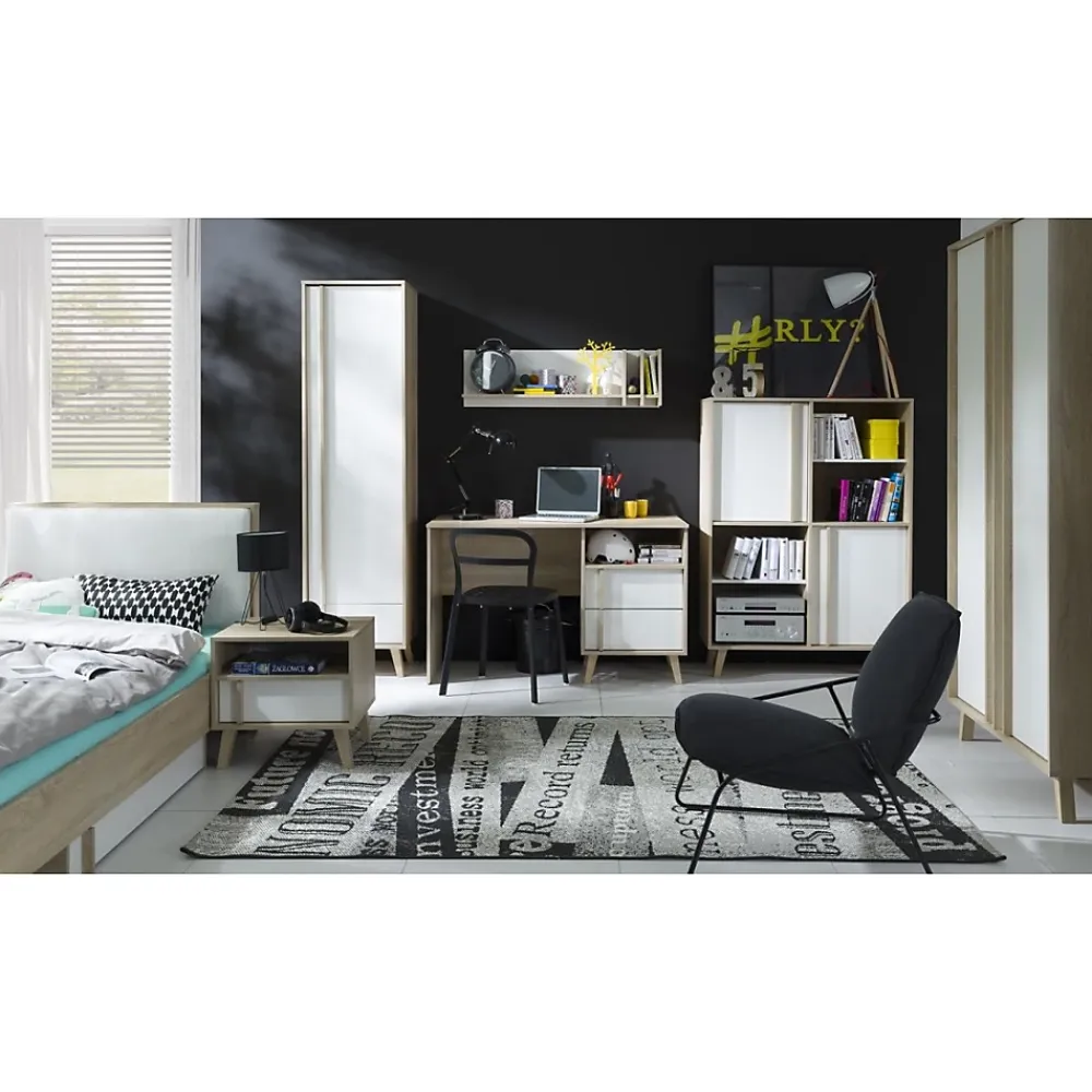 Meublorama Lit enfant 90x200 avec tiroir de rangement MALMO Coloris chene clair et blanc* Lit Avec Rangement