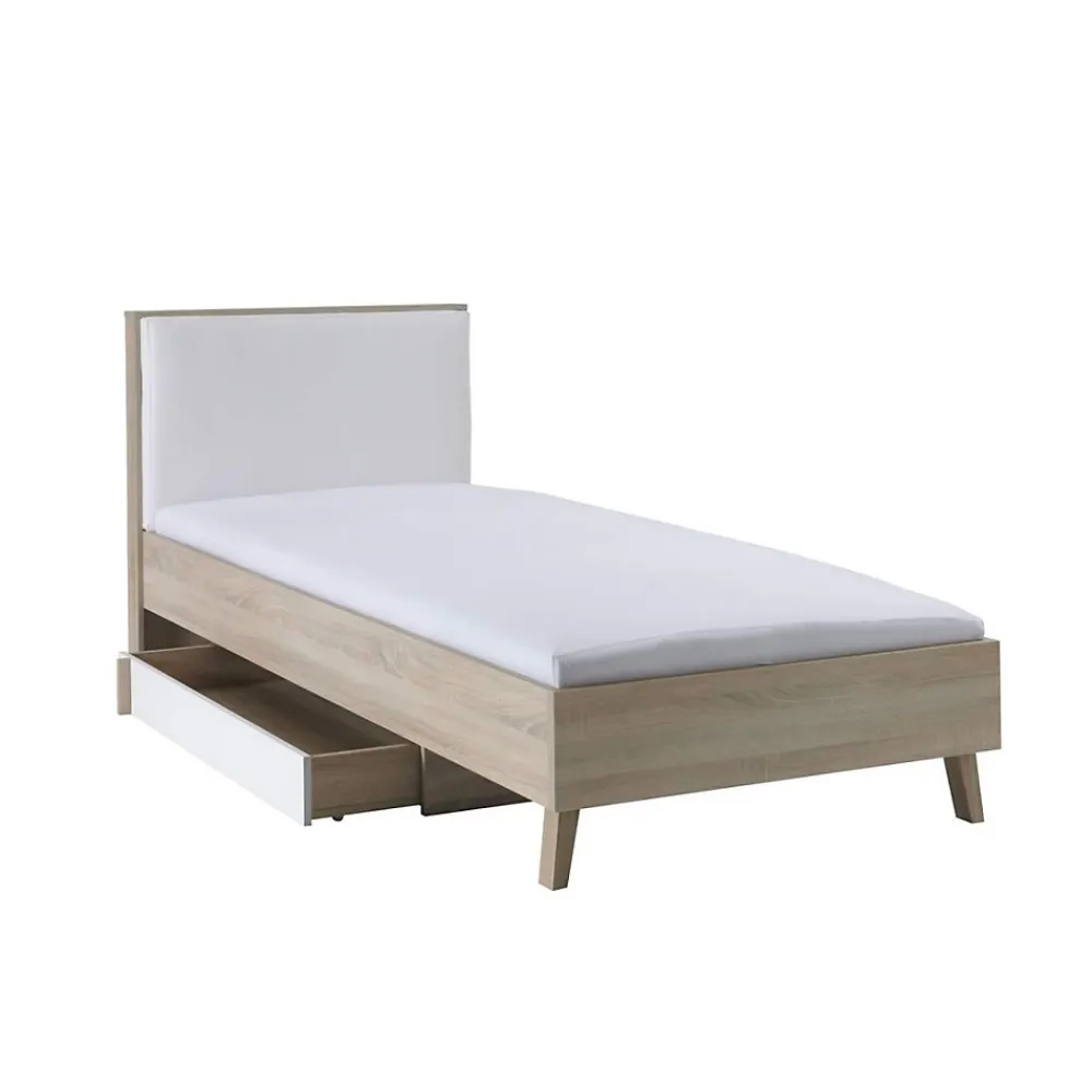 Meublorama Lit enfant 90x200 avec tiroir de rangement MALMO Coloris chene clair et blanc* Lit Avec Rangement