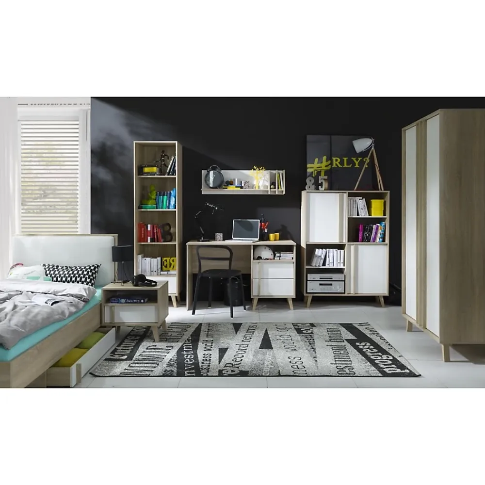 Meublorama Lit enfant 90x200 avec tiroir de rangement MALMO Coloris chene clair et blanc* Lit Avec Rangement