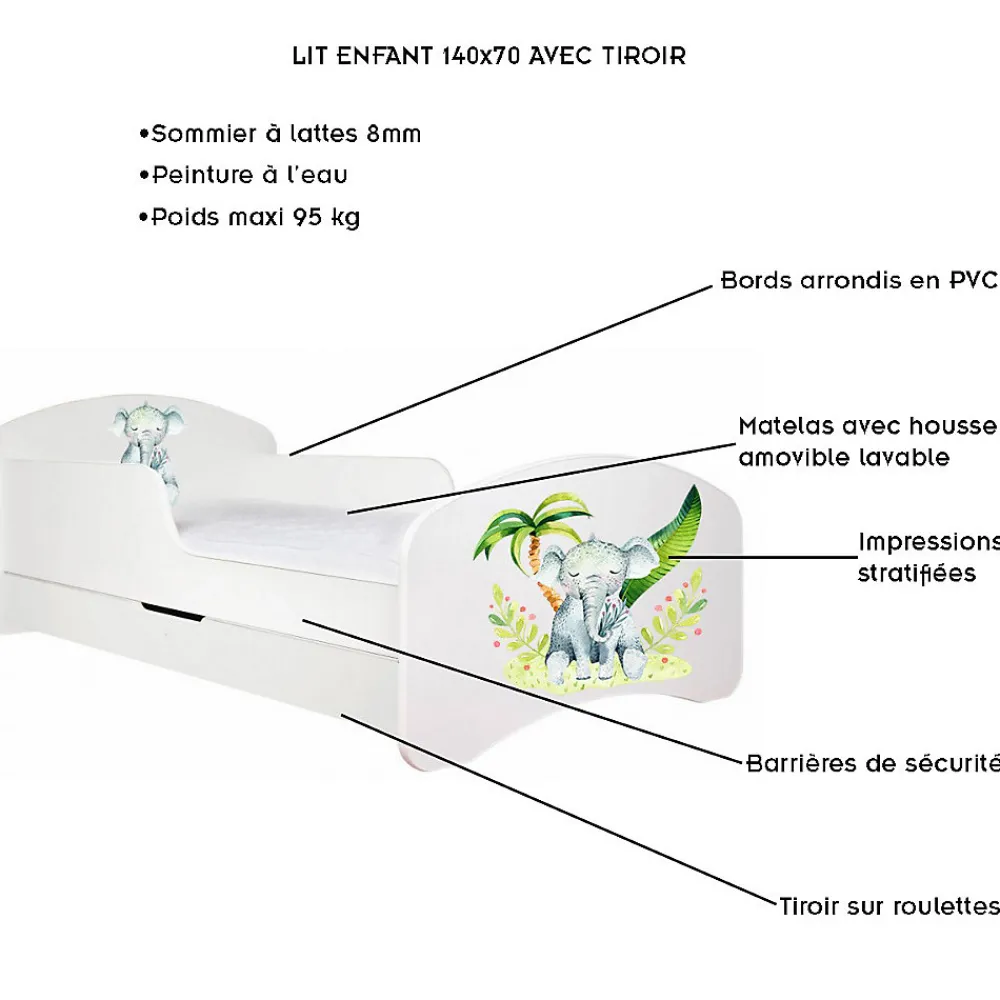 Monmobilierdesign Lit enfant 140X70 Blanc Motif éléphant + matelas mousse sarrasin coco avec tiroir* Lit Coffre