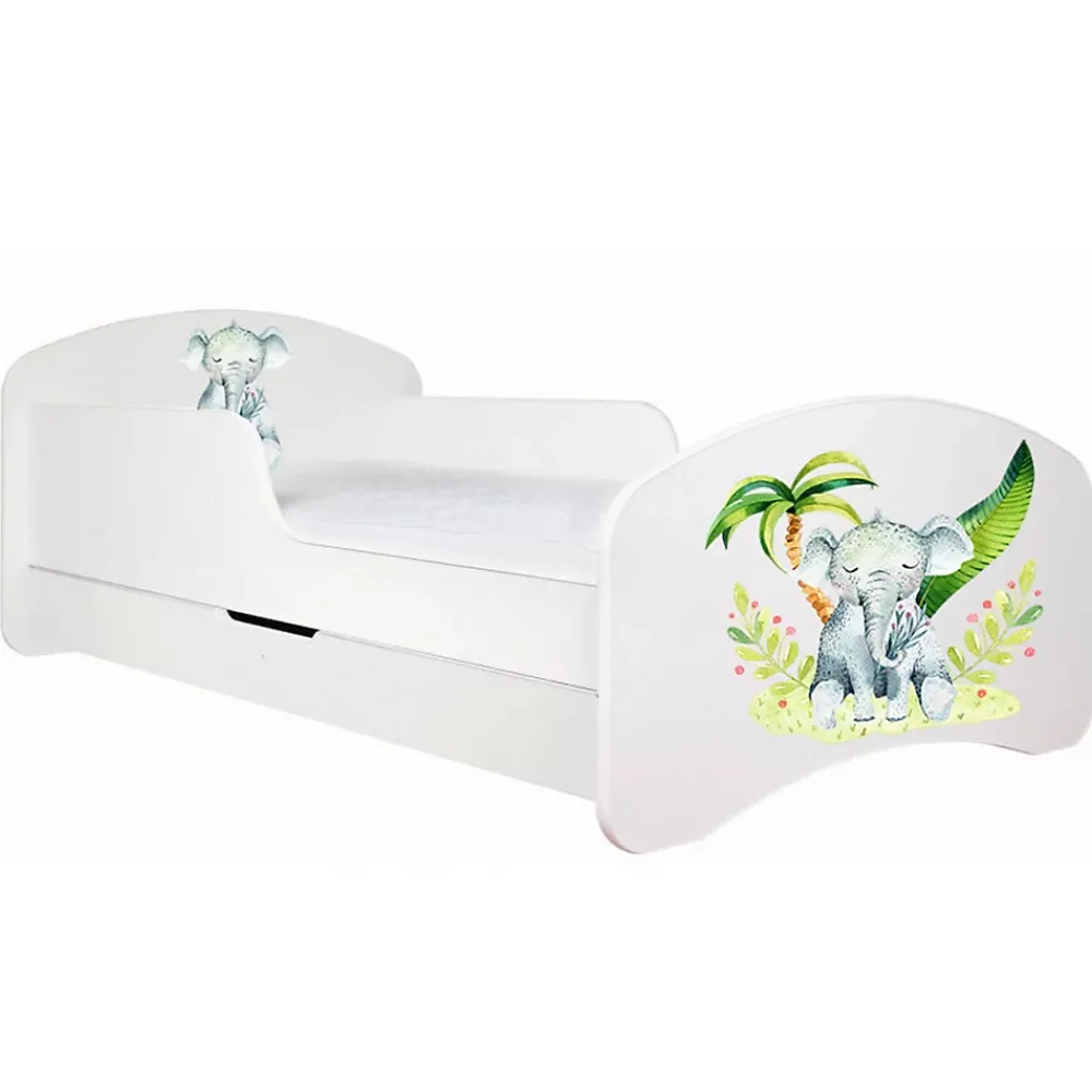 Monmobilierdesign Lit enfant 140X70 Blanc Motif éléphant + matelas mousse sarrasin coco avec tiroir* Lit Coffre