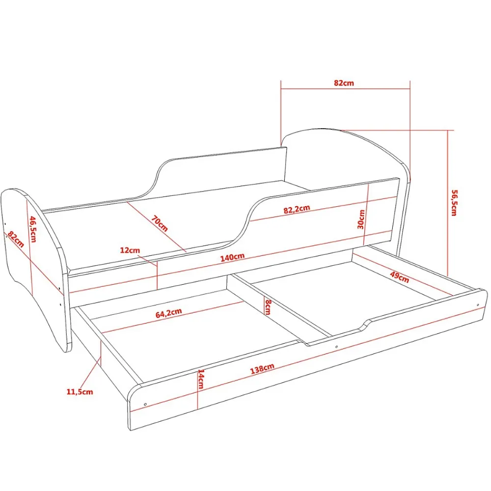 Monmobilierdesign Lit enfant 140X70 Blanc Motif éléphant + matelas mousse sarrasin coco avec tiroir* Lit Coffre