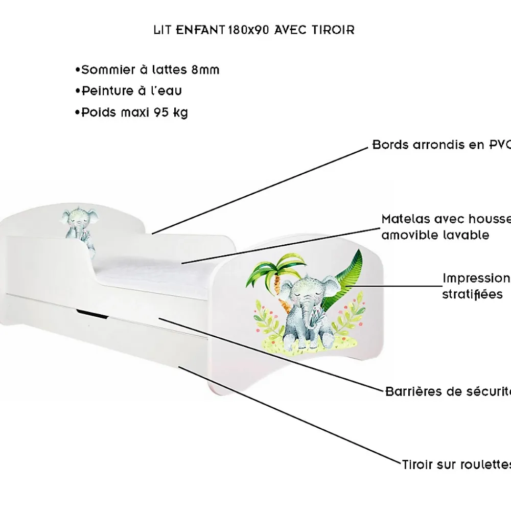 Monmobilierdesign Lit enfant 180X90 Blanc Motif éléphant + matelas mousse avec tiroir* Lit Coffre
