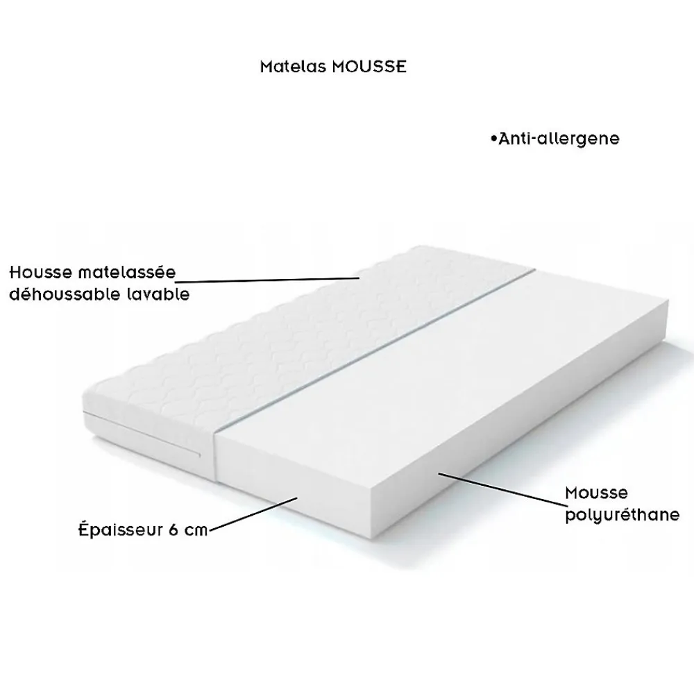 Monmobilierdesign Lit enfant 180X90 Blanc Motif éléphant + matelas mousse avec tiroir* Lit Coffre