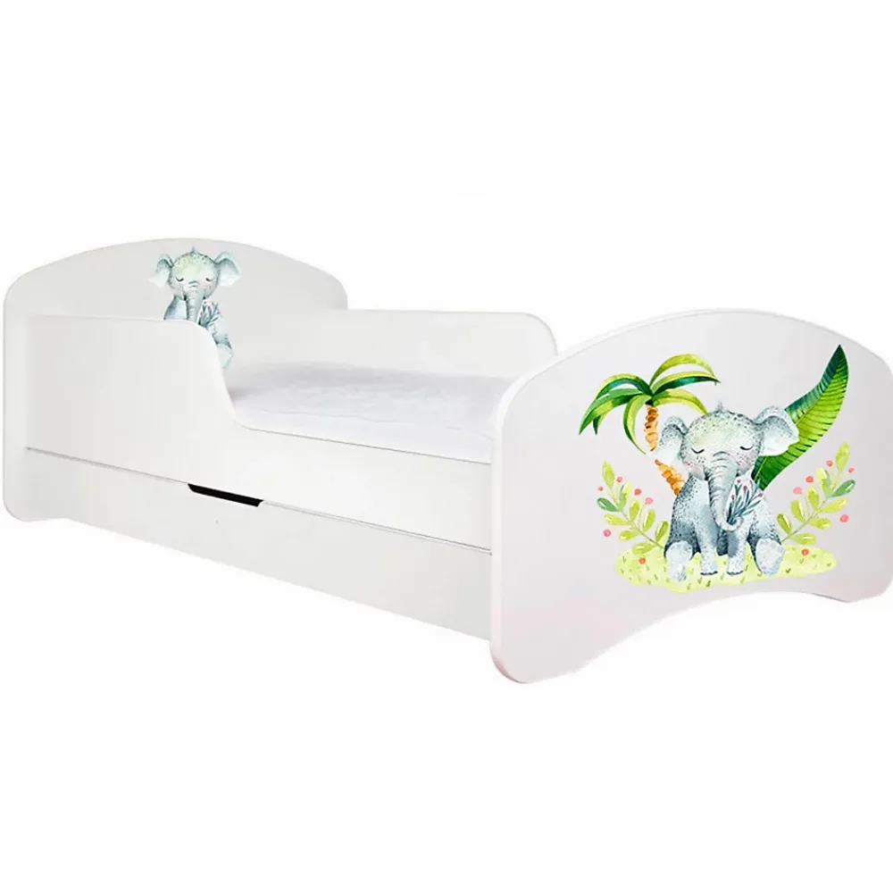 Monmobilierdesign Lit enfant 180X90 Blanc Motif éléphant + matelas mousse avec tiroir* Lit Coffre