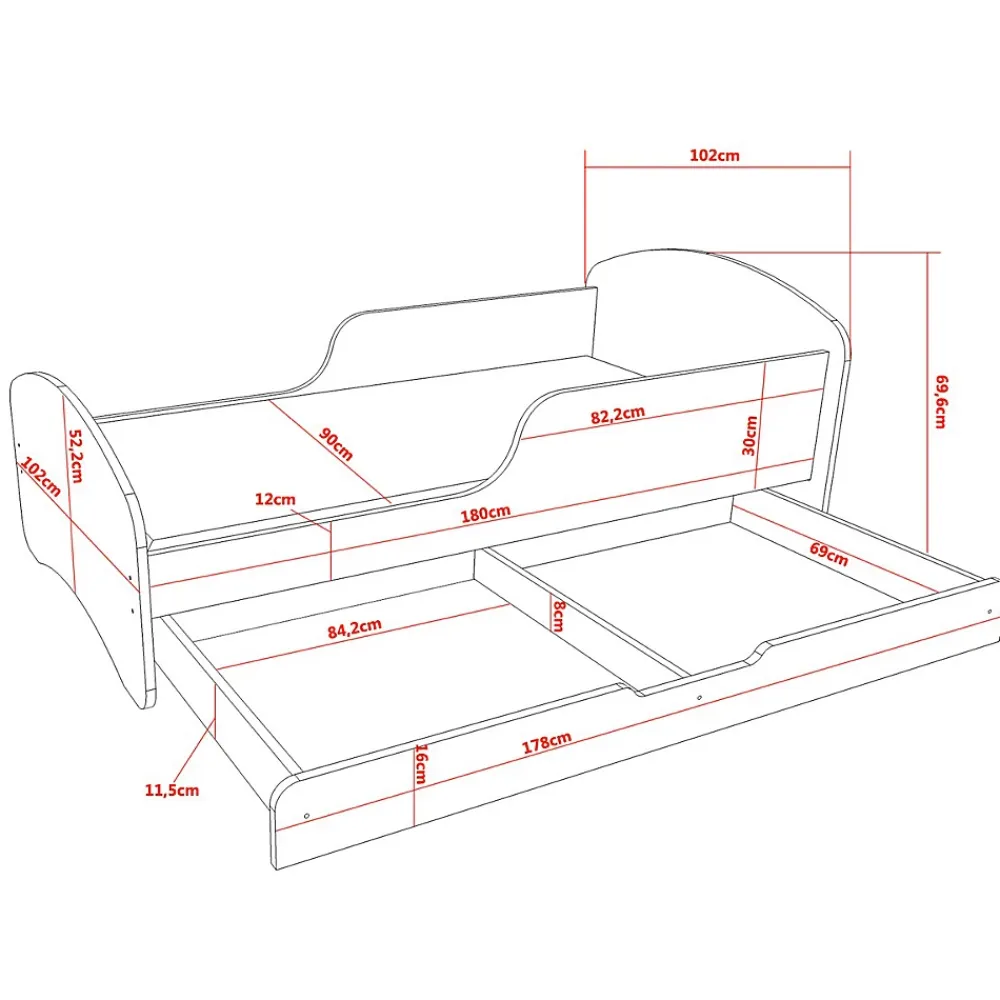 Monmobilierdesign Lit enfant 180X90 Blanc Motif éléphant + matelas mousse avec tiroir* Lit Coffre